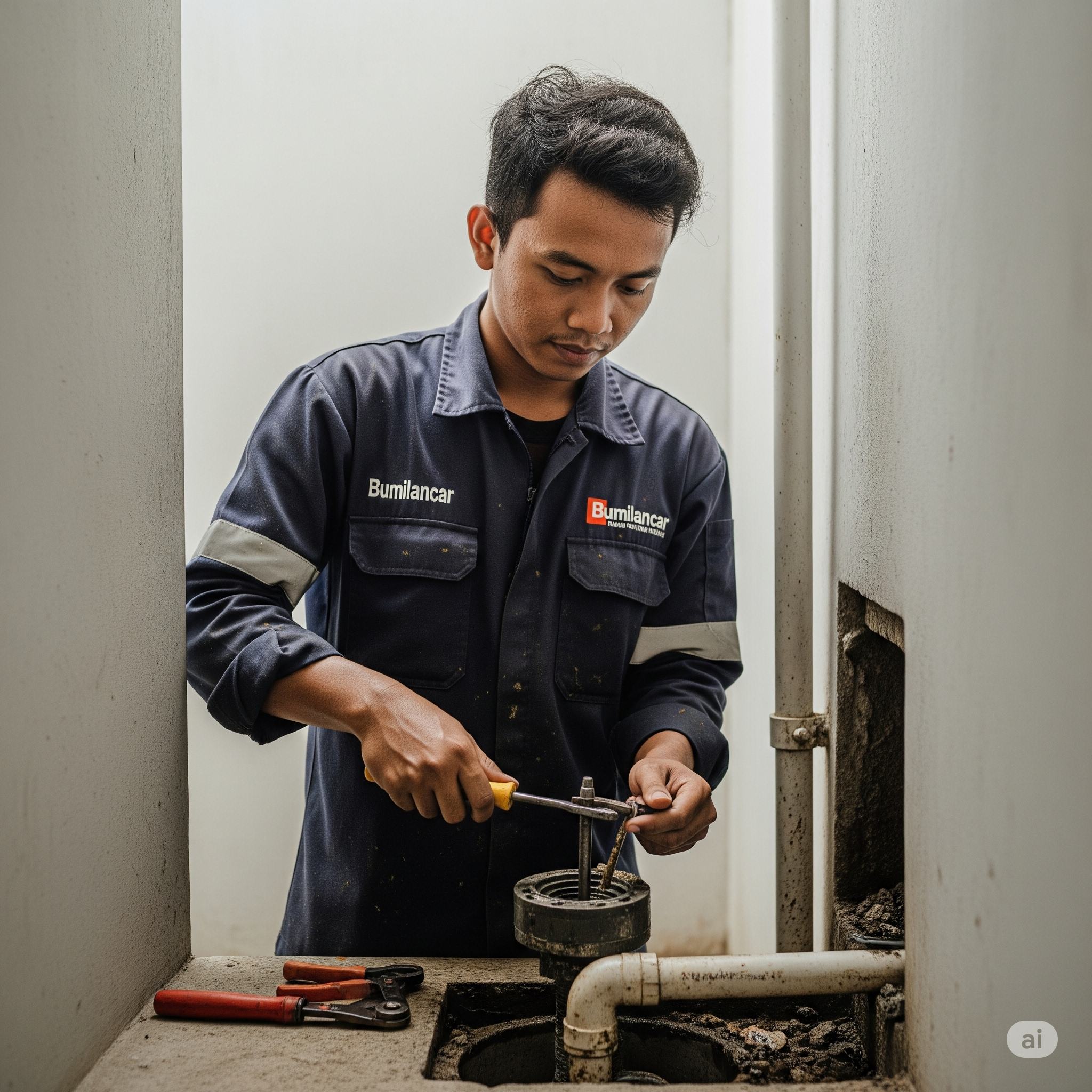 Teknisi Bumilancar sedang memperbaiki saluran mampet